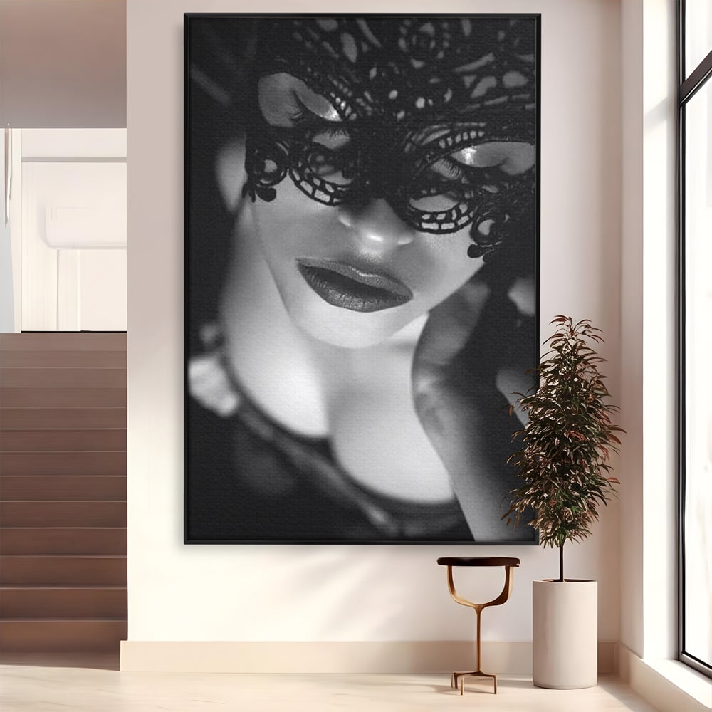 Tablou canvas cu tablou canvas cu femeie purtand masca, in rama de aluminiu negru